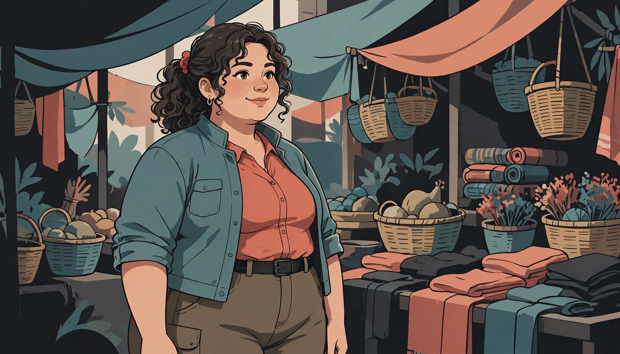 A confident plus-size woman stands among baskets and fabric awnings in a fantasy market.