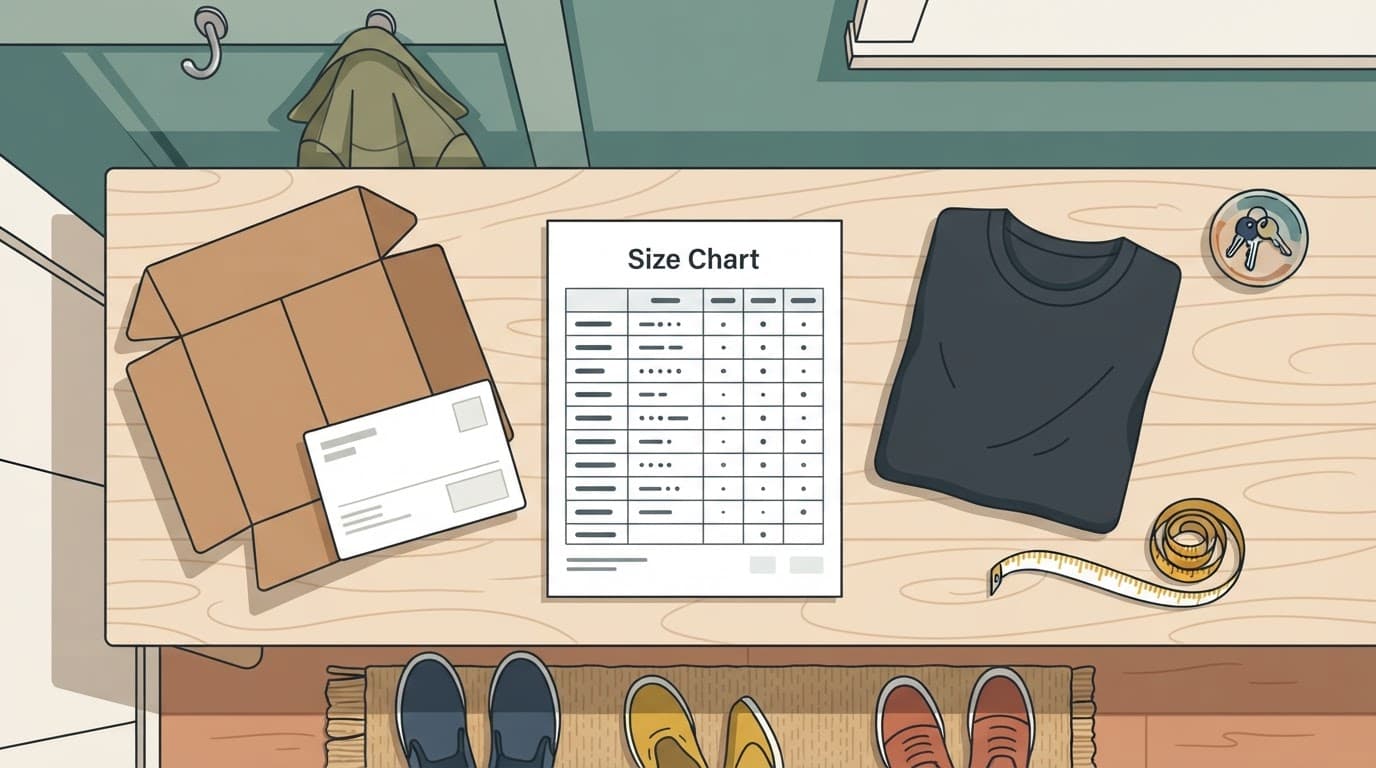 A folded T-shirt, measuring tape, blank chart, and parcels arranged on a table.