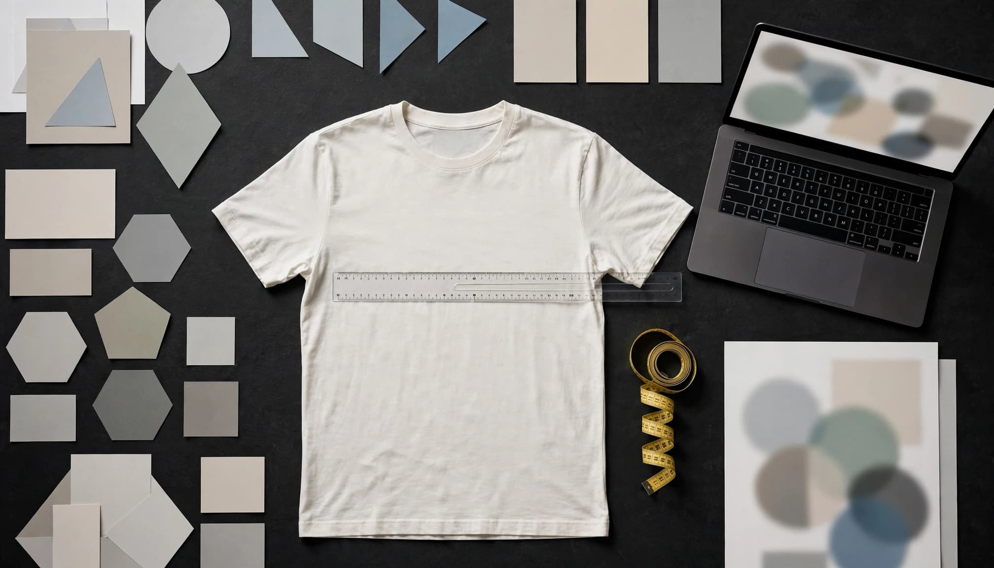 Blank T-shirt with measuring tools and a laptop showing an abstract print layout.