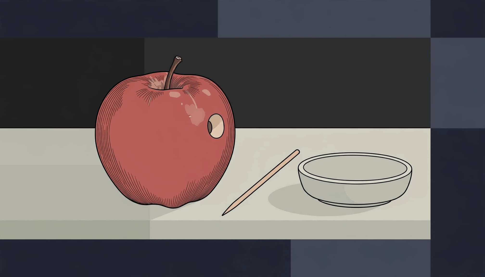 A fresh apple beside a toothpick and small ceramic dish on a clean countertop.
