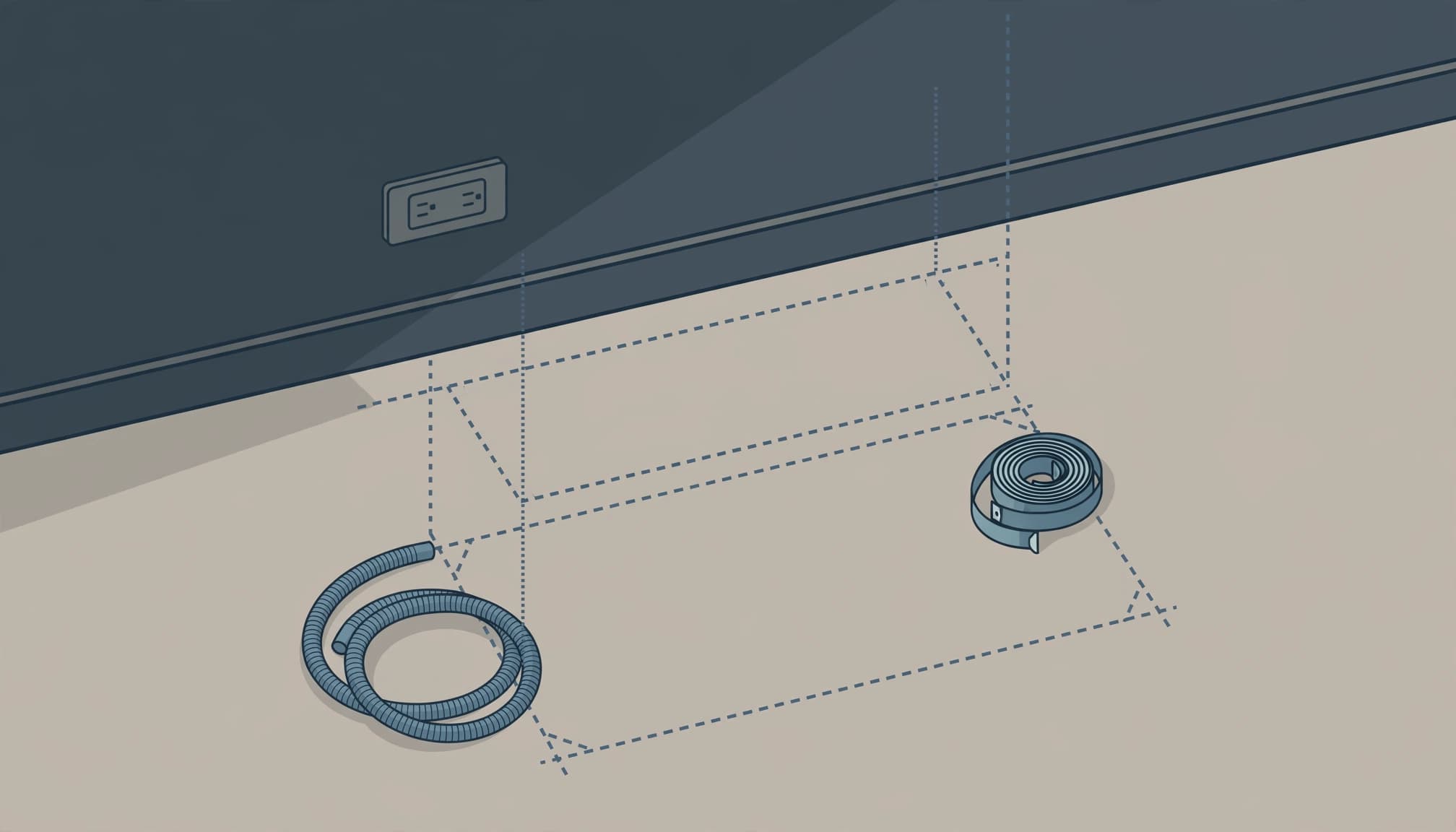 An empty aquarium footprint with a tape measure, outlet, and filter hoses.