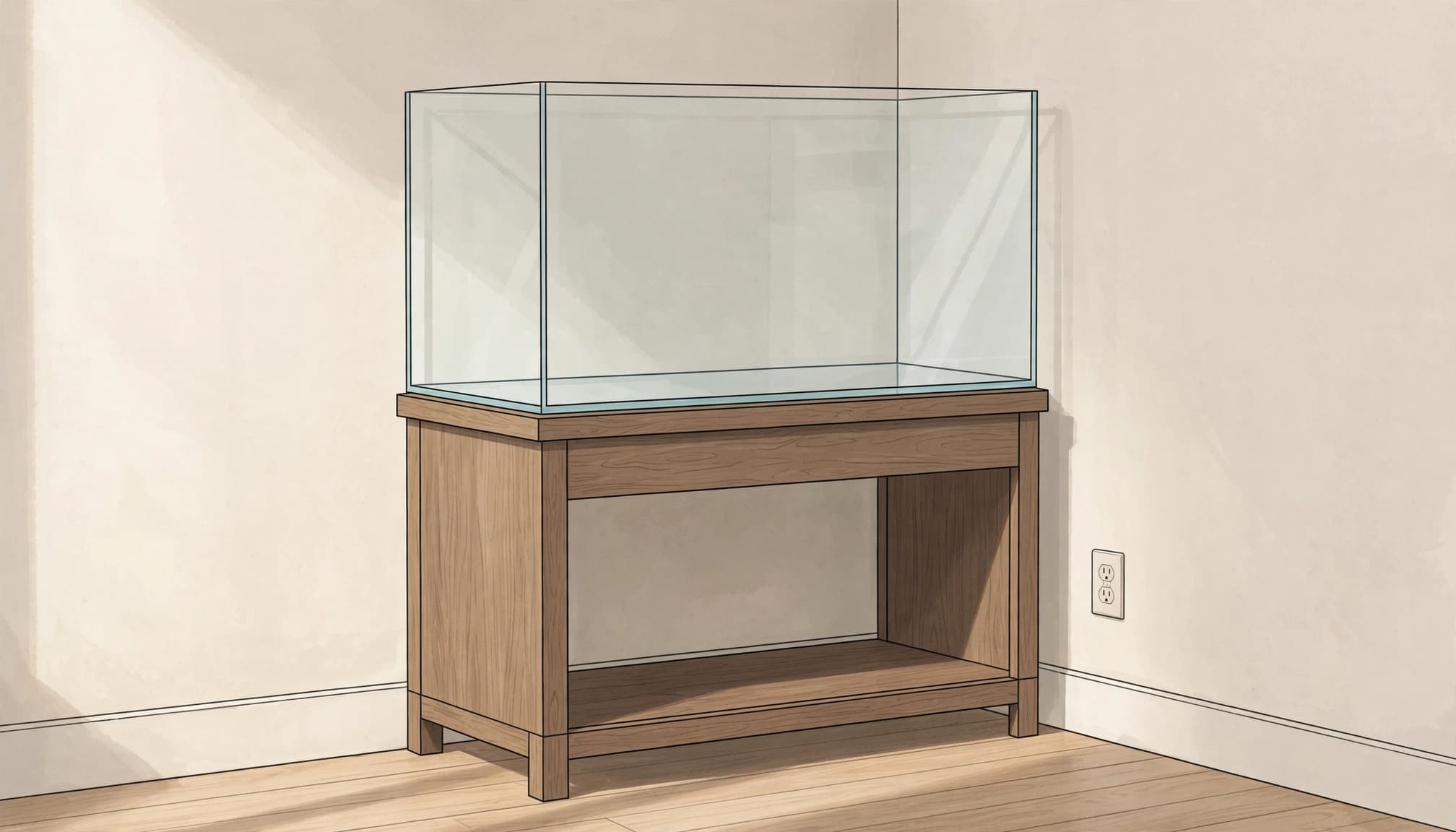 Empty aquarium on a stand with its full base supported on a level floor.