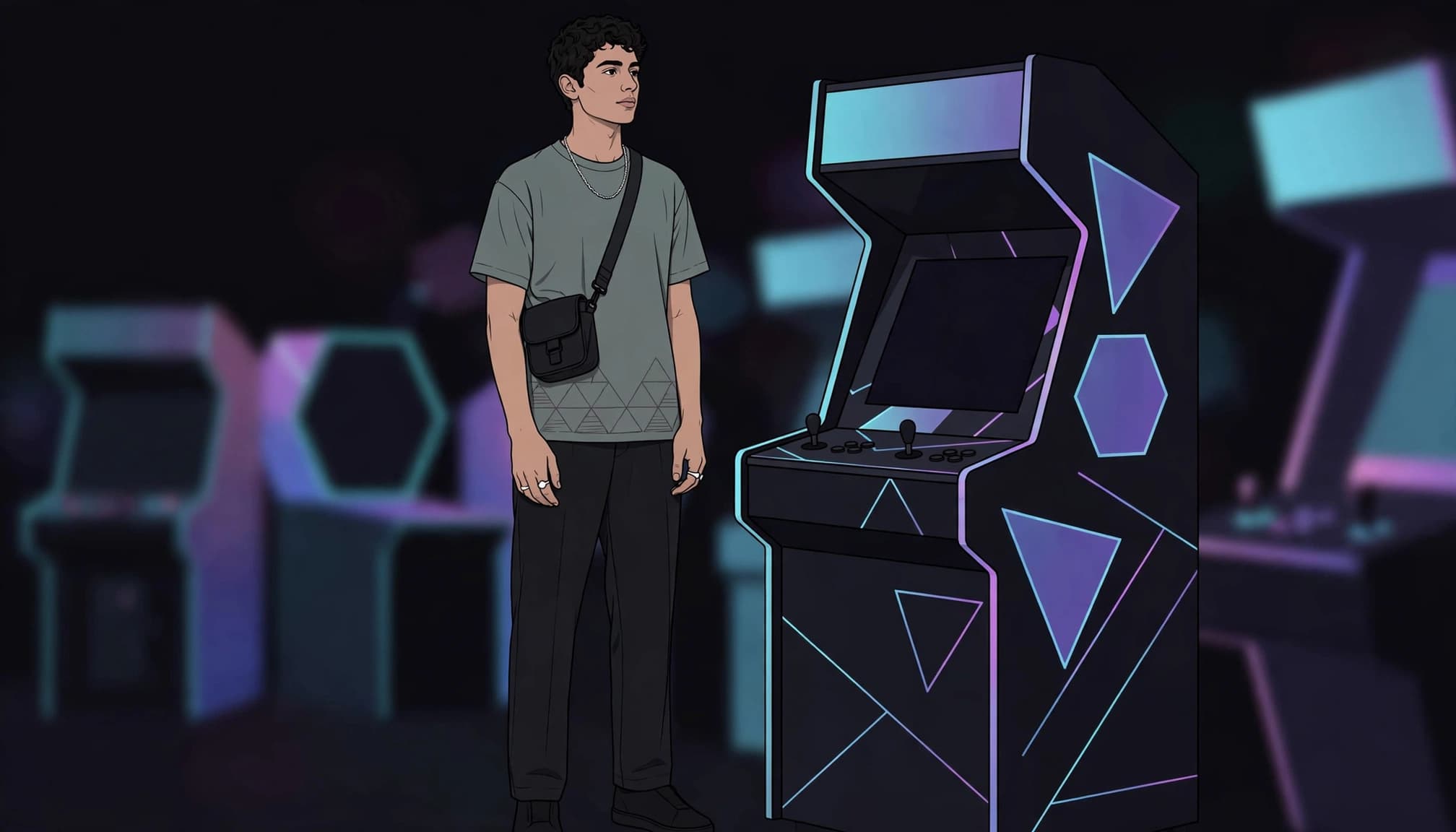 Young adult in dark streetwear standing beside an arcade cabinet with a chain and crossbody bag.