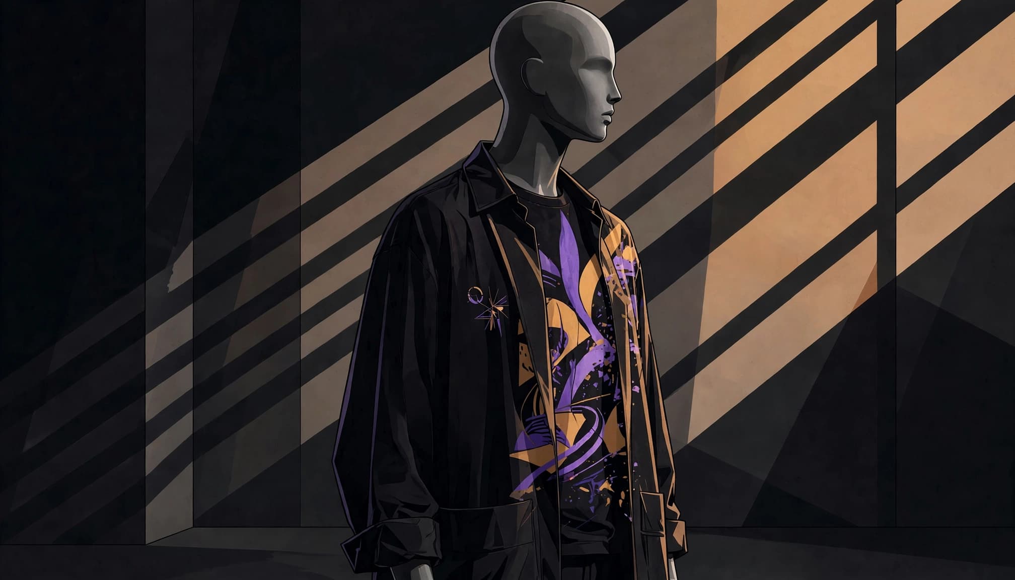 A mannequin wears a graphic T-shirt and open overshirt in a shadowed gallery.