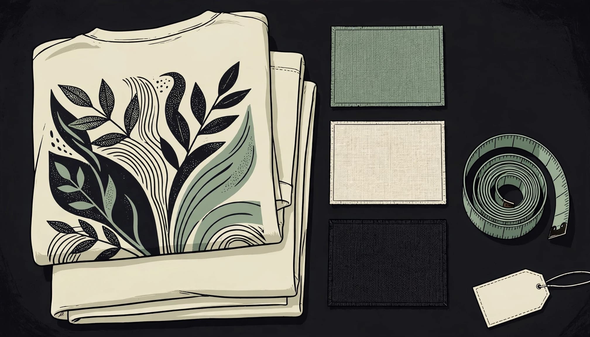 Folded graphic T-shirt beside fabric swatches, a measuring tape, and a care-label tag.
