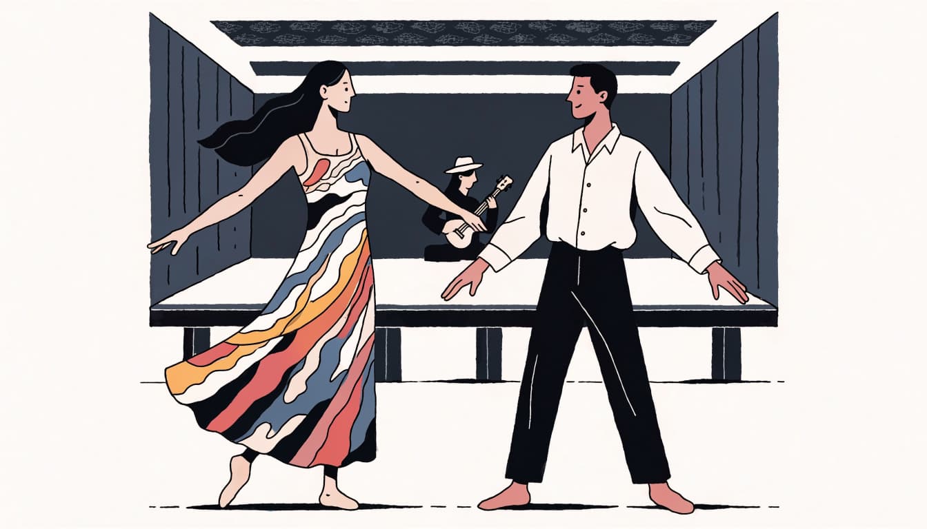 A woman and man dance onstage as a seated ʻukulele player accompanies them.