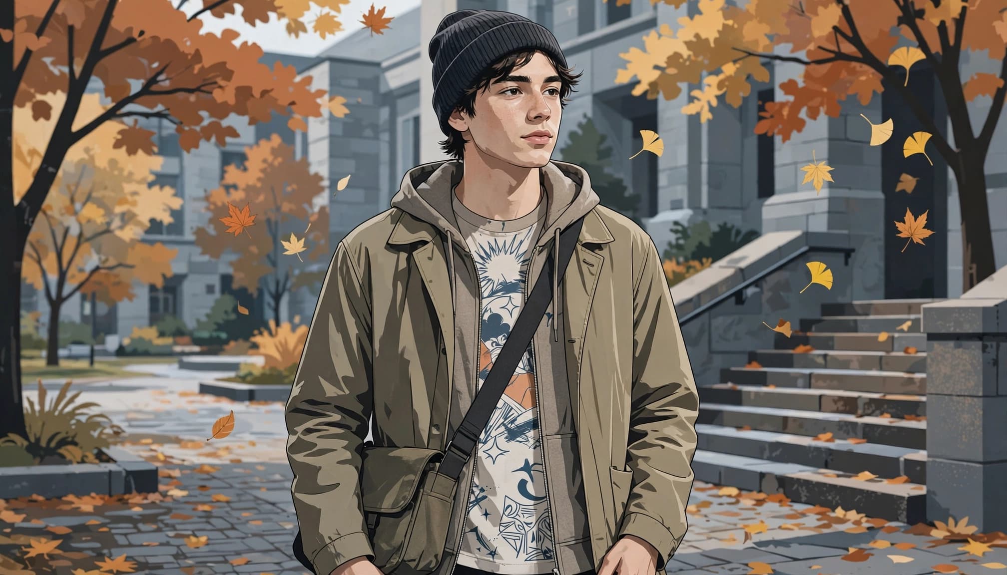 A student wearing layered clothes and a beanie in an autumn campus courtyard.
