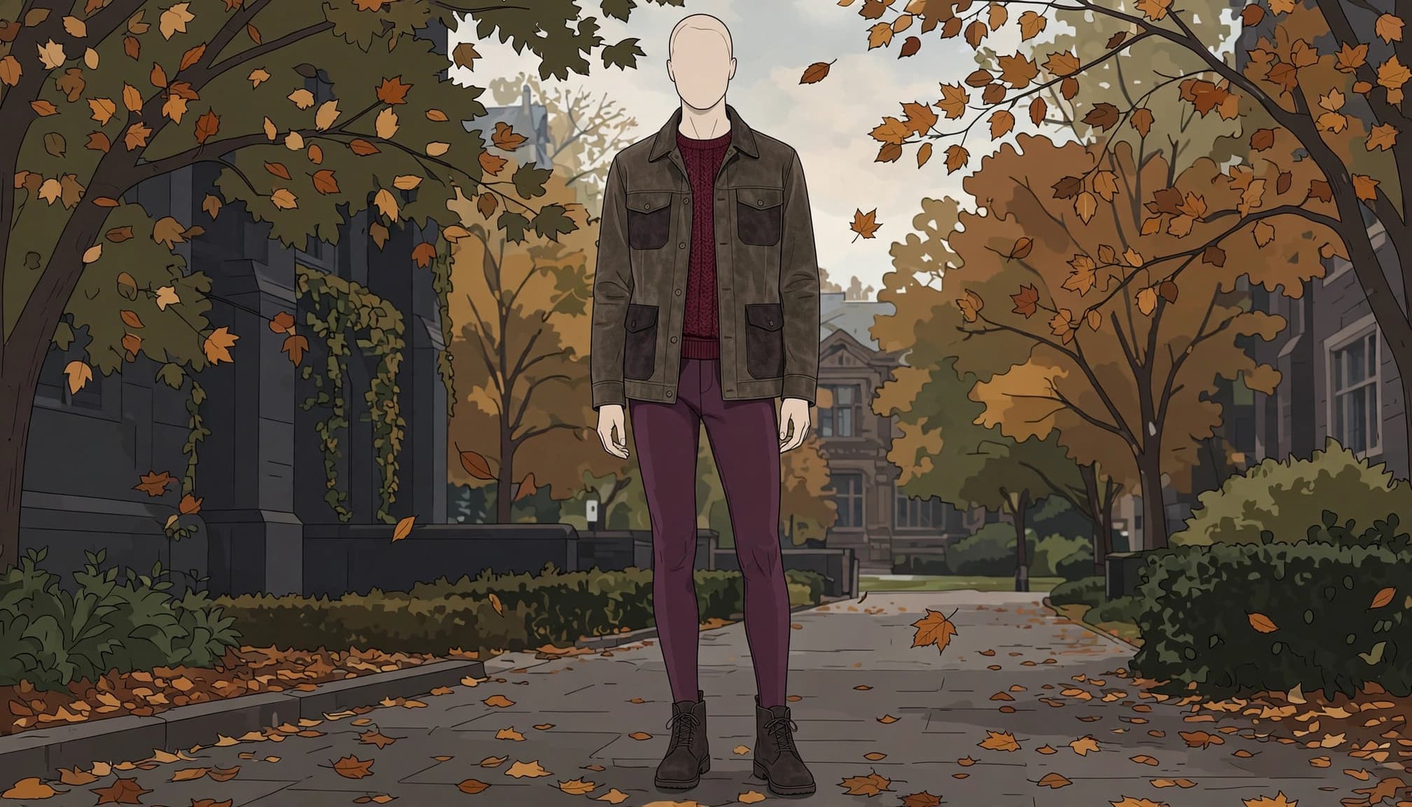 A mannequin in burgundy layers and plum tights stands on a leafy autumn campus path.