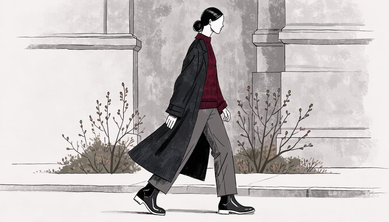 A person in a burgundy sweater, dark coat, gray trousers, and ankle boots walks along a city sidewalk.