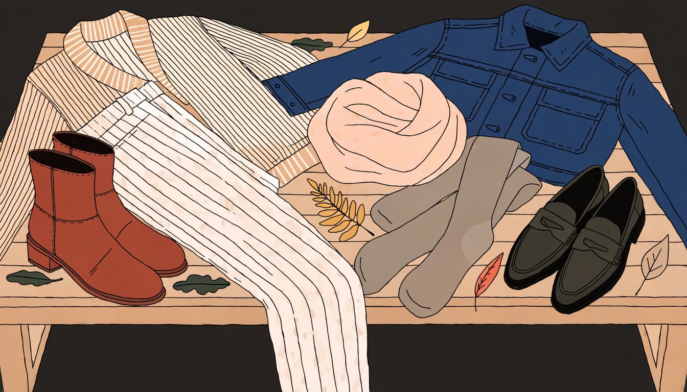 Fall clothes, boots, and loafers arranged on a wooden bench with autumn leaves.