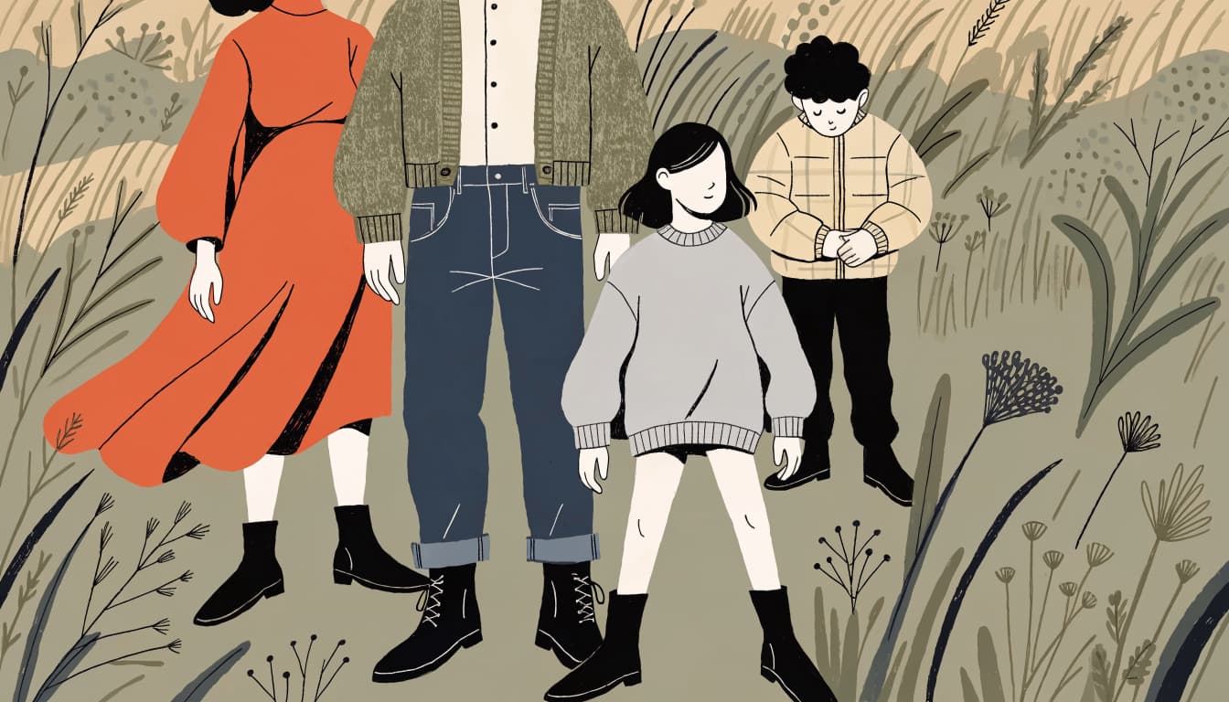 A couple and two children pose in fall outfits in a grassy meadow.