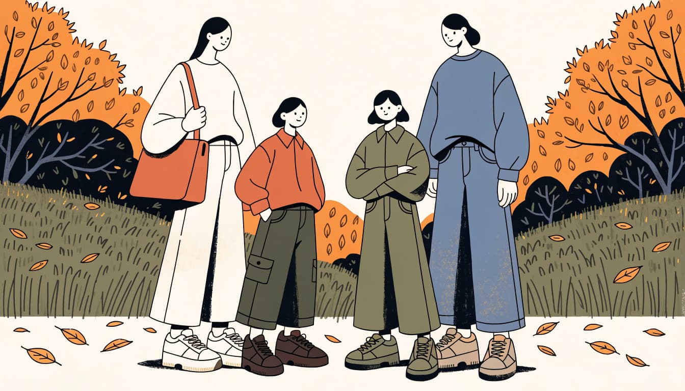 Two adults and two children pose together among autumn leaves in a park.