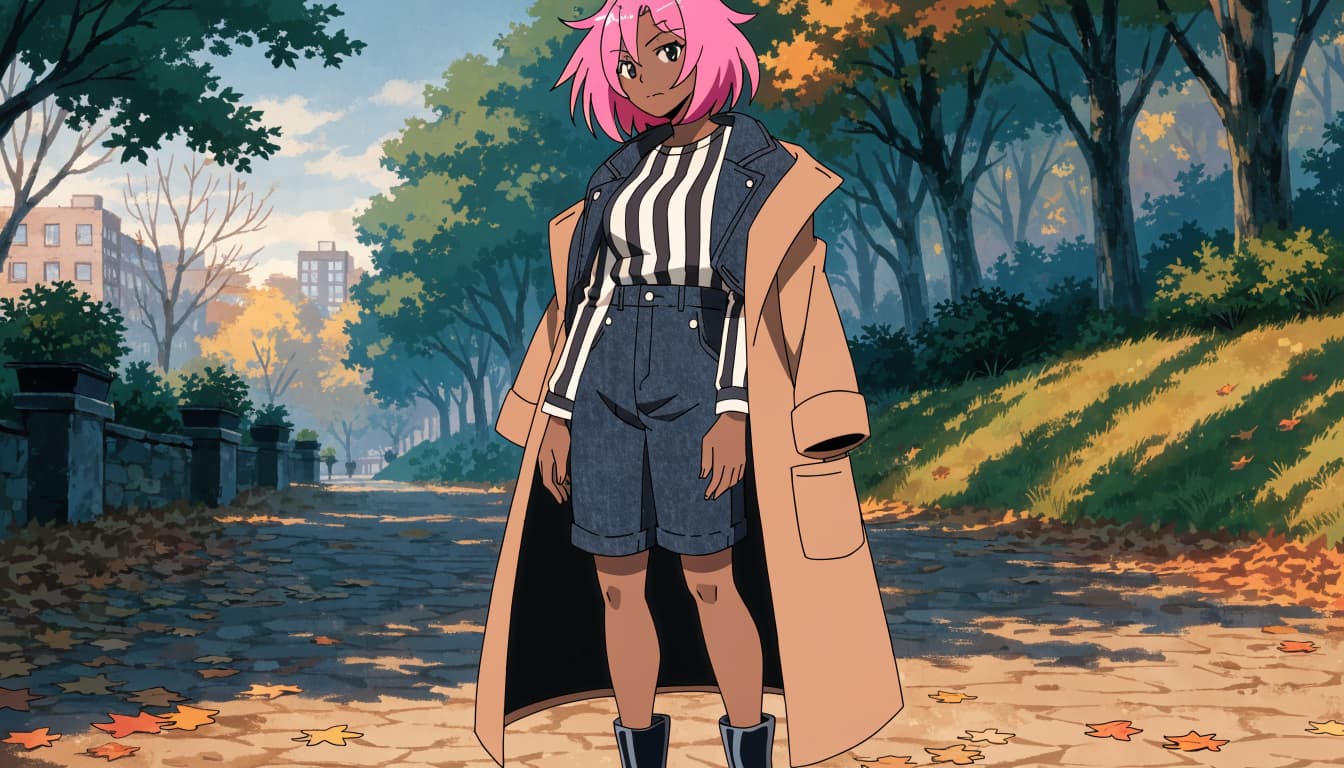 An anime-style illustration of a woman with pink hair standing on a path in an autumn park.