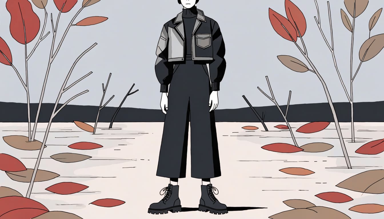 A person in a layered dark outfit stands on an autumn park path.