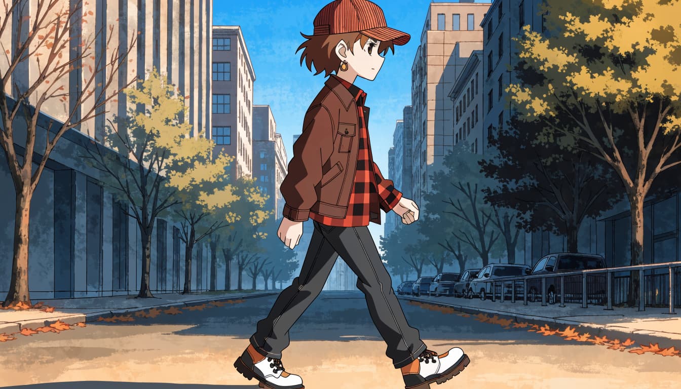 A young adult in layered fall clothes walks past leaves along a city curb.