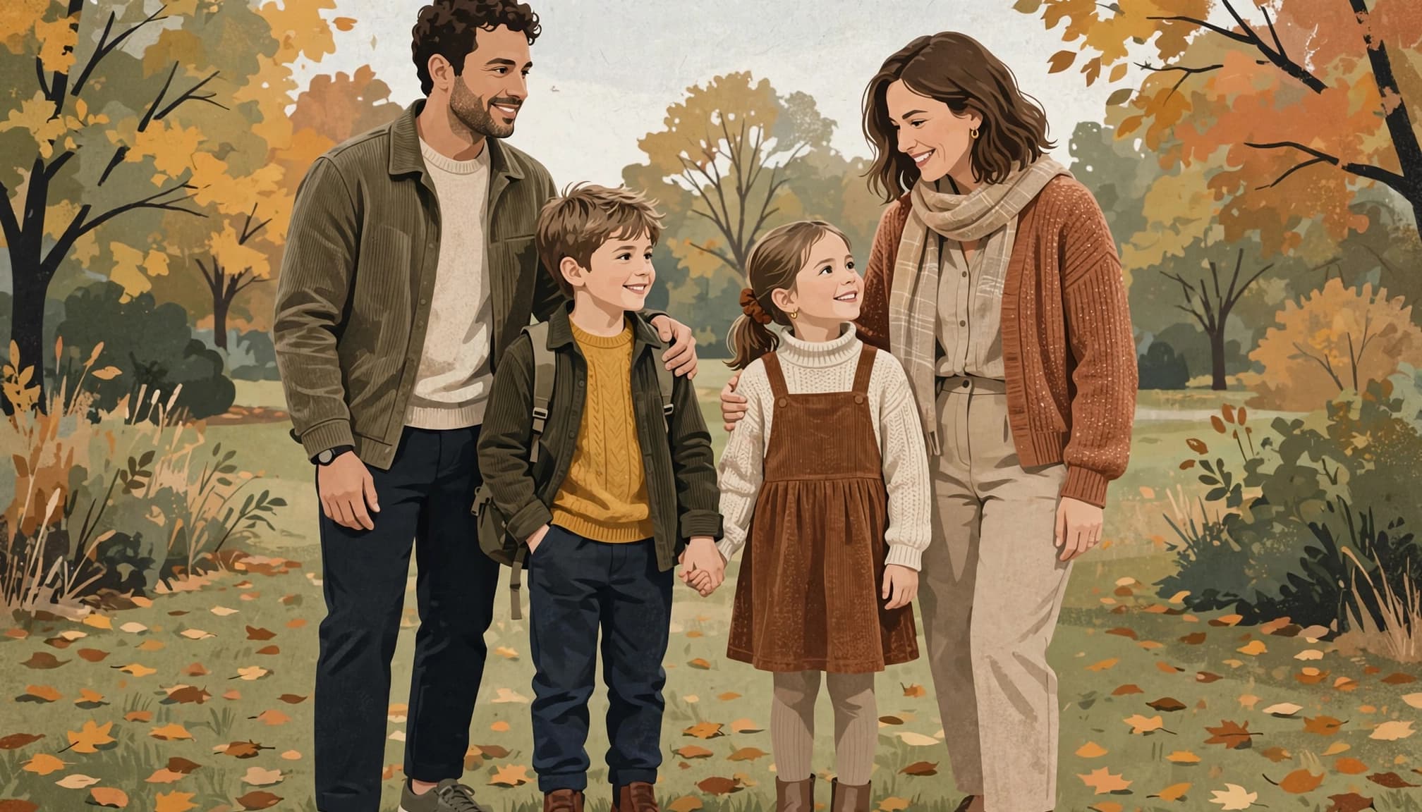 Two adults and two children pose together in a leafy park in coordinated casual clothes.
