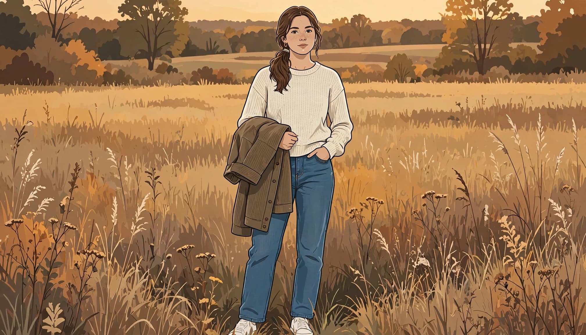 A senior poses in a cream knit top and denim, holding a jacket in an autumn field.