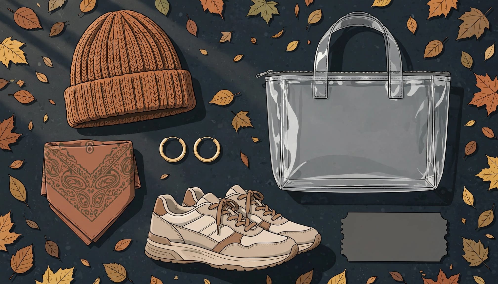 A beanie, earrings, bandana, sneakers, and clear bag arranged on a dark surface.