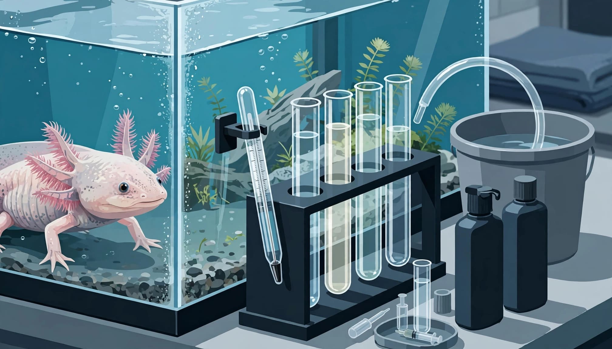 Axolotl beside aquarium test tubes and a thermometer during water maintenance.