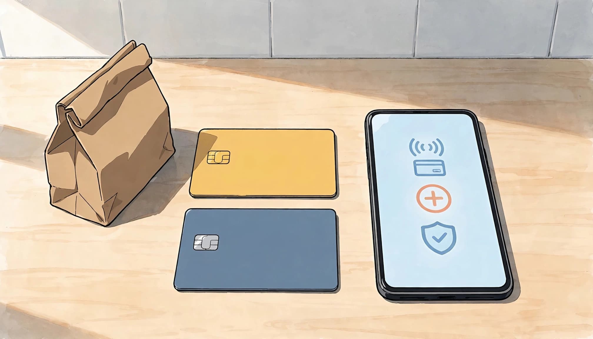 A phone with payment icons sits beside two plain cards and a takeout bag.