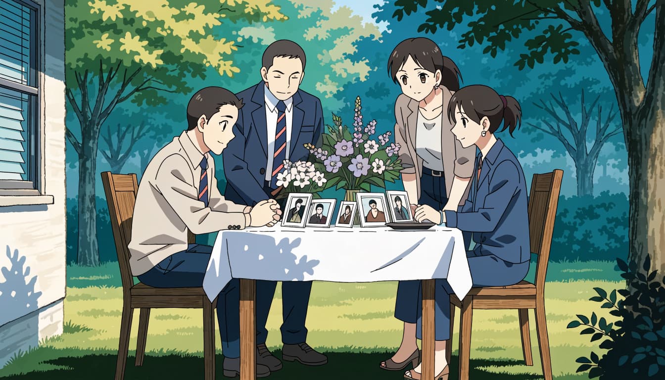 Four adults gather around a flower and photo table in a sunny backyard.