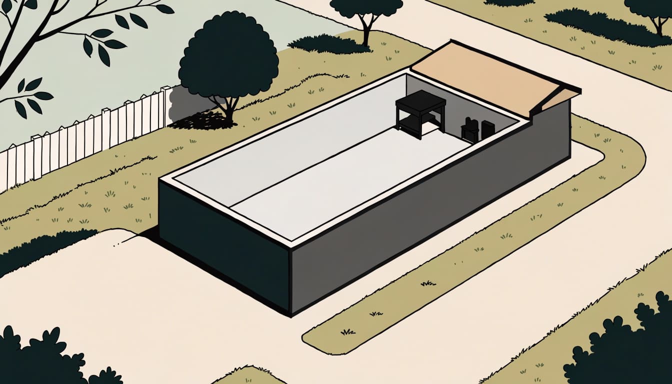 An open backyard shed with a large storage bay, workbench corner, and lawn equipment.