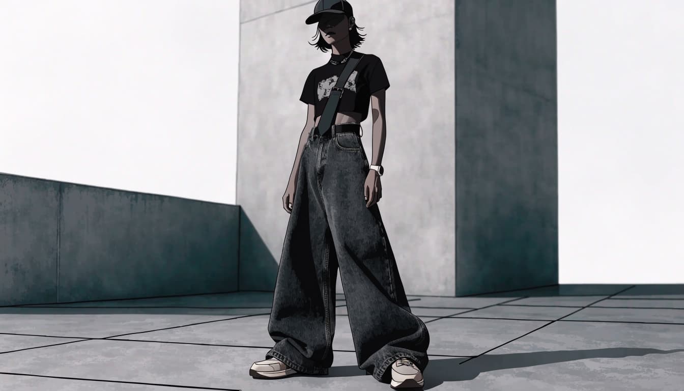 A person wears wide-leg dark jeans, a belt, and a fitted cropped tee.