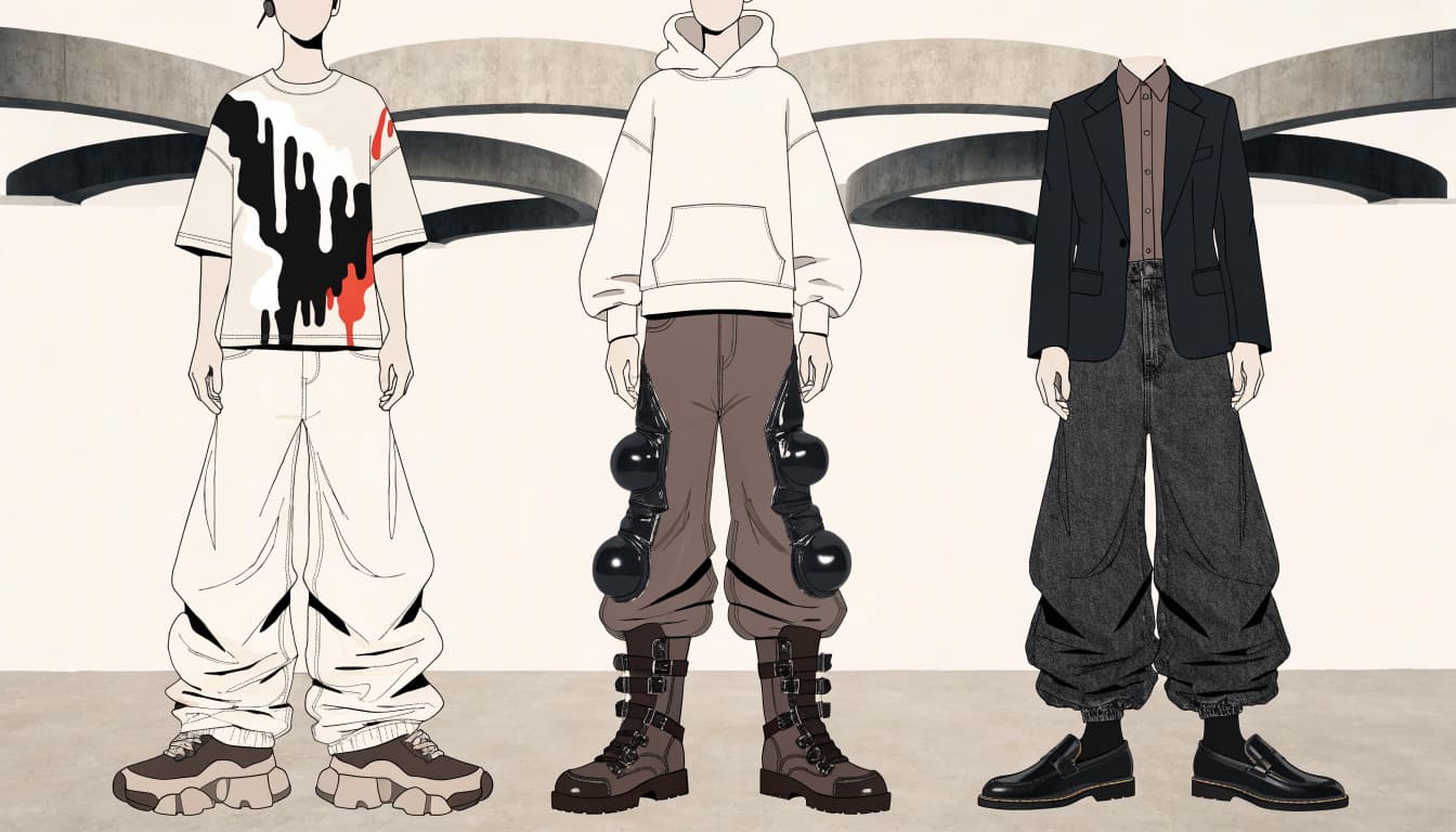 Three mannequins display baggy streetwear outfits in a concrete studio.