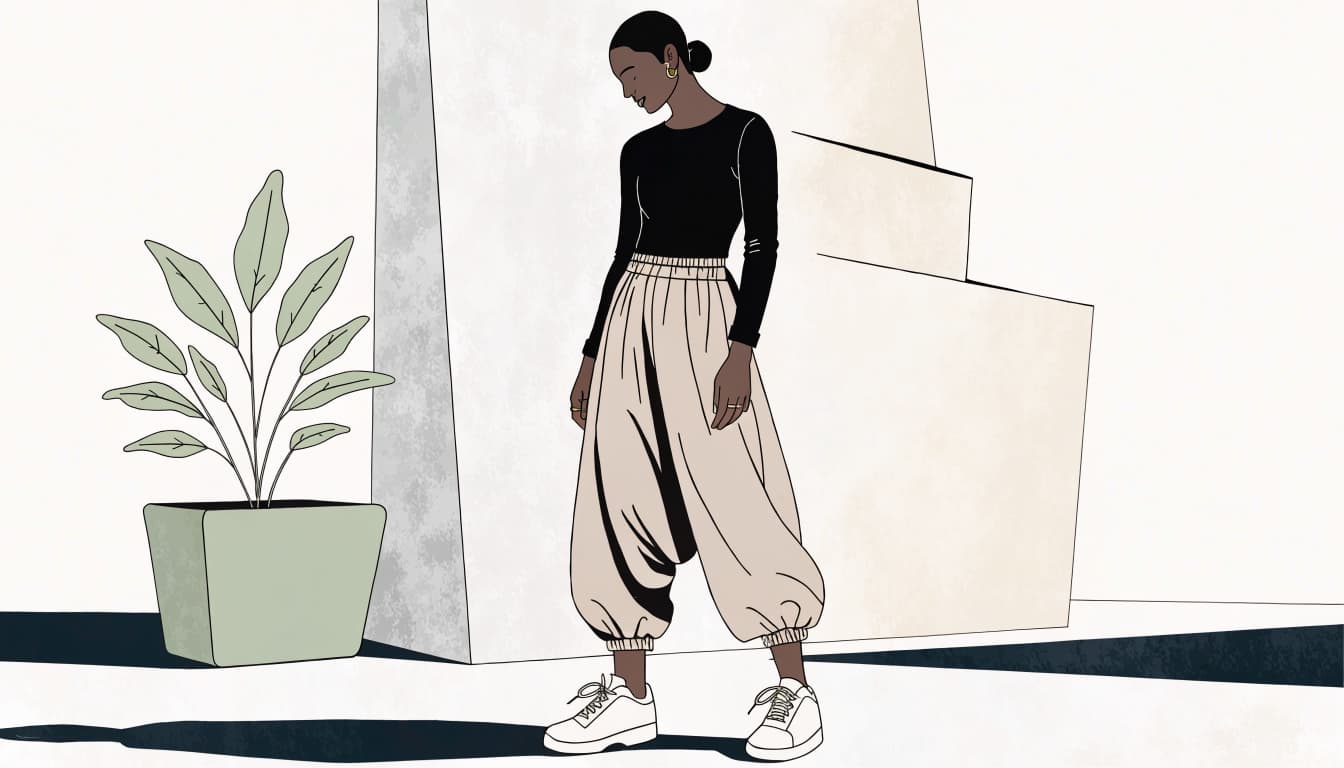 A person in harem pants, a fitted top, and sneakers stands in a bright courtyard.