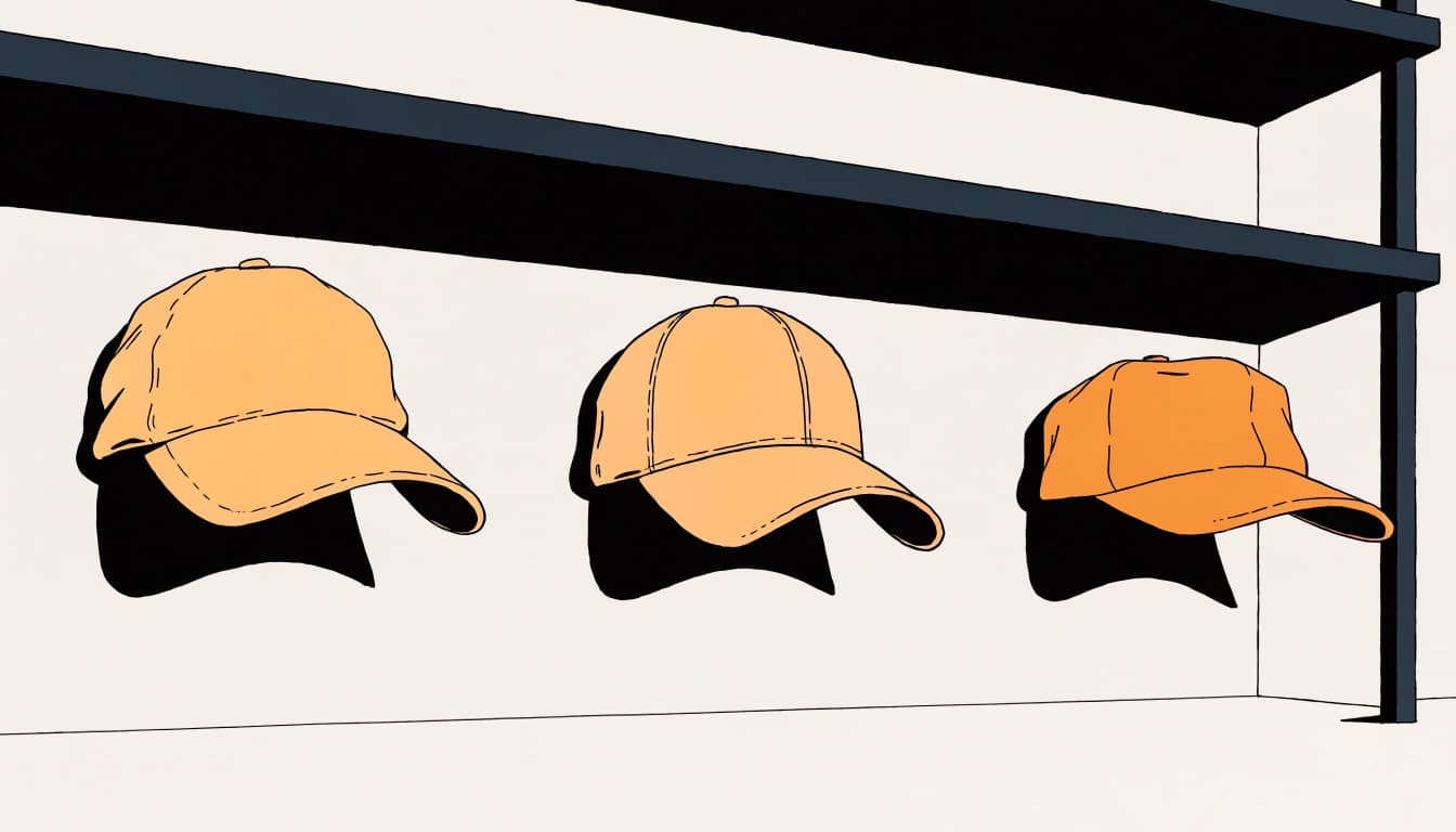 Three different baseball caps sit spaced apart on a charcoal shelf.