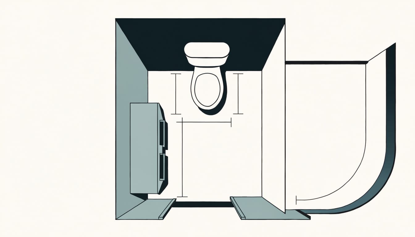 A top-down bathroom plan shows a toilet, rear wall, vanity, shower, and clearance lines.