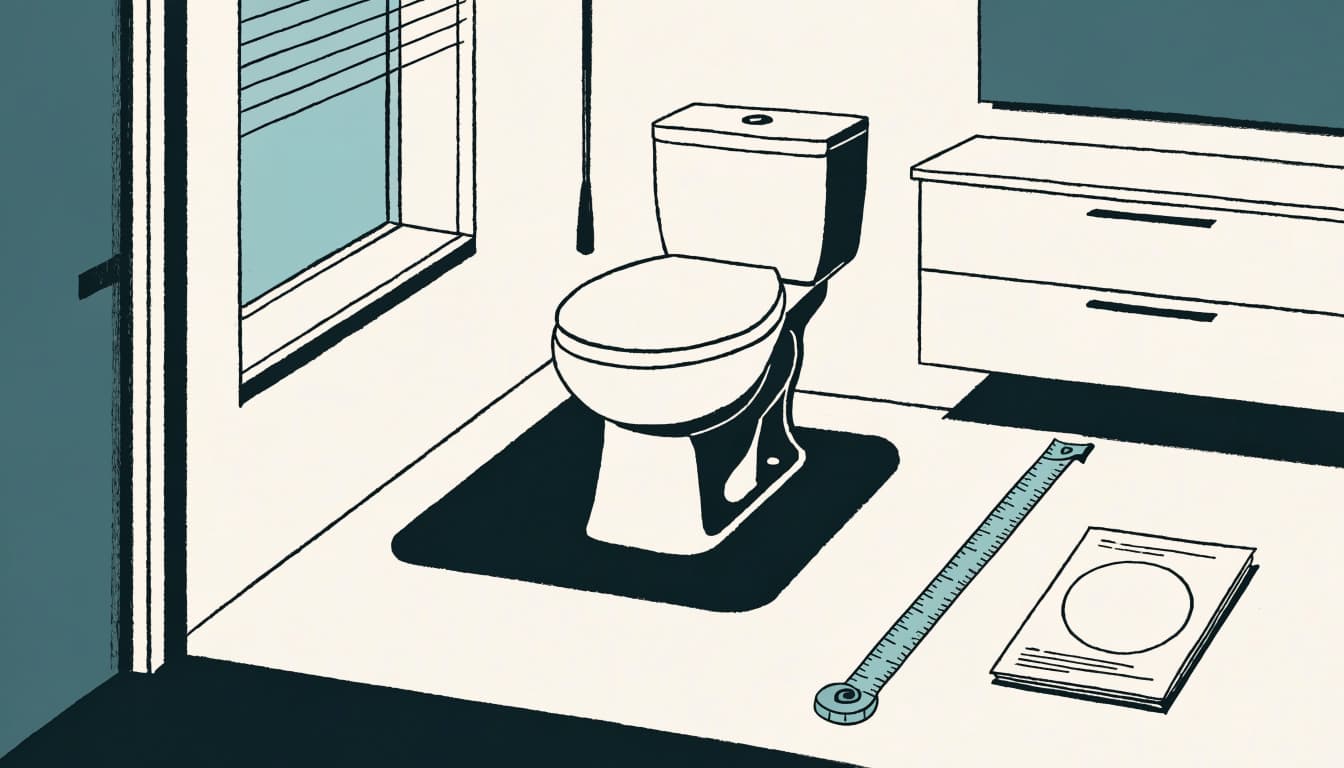 A tape measure and blank diagram sit beside a toilet in a small bathroom.