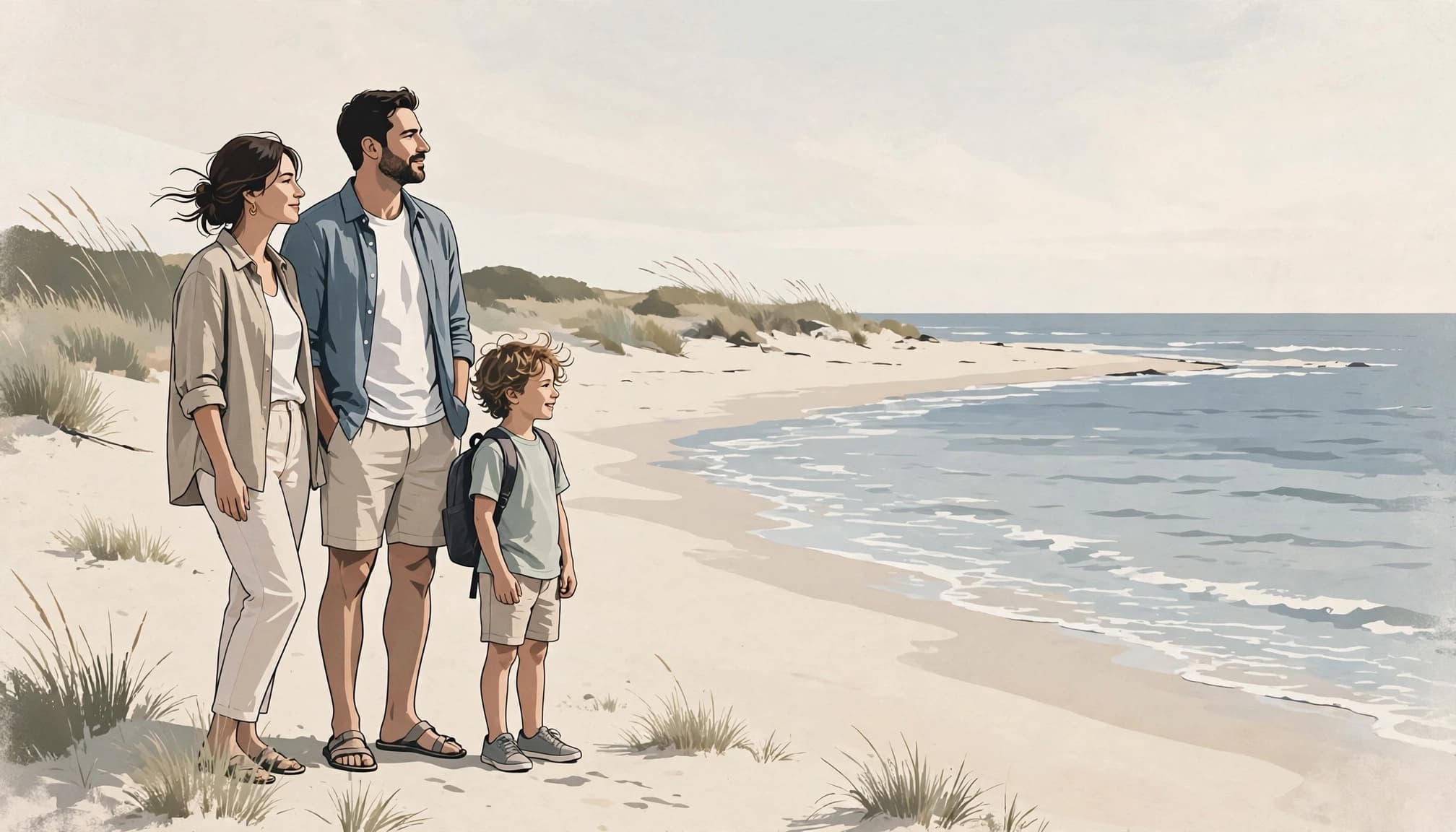 Two adults and a child in casual outfits stand on a sunny beach.