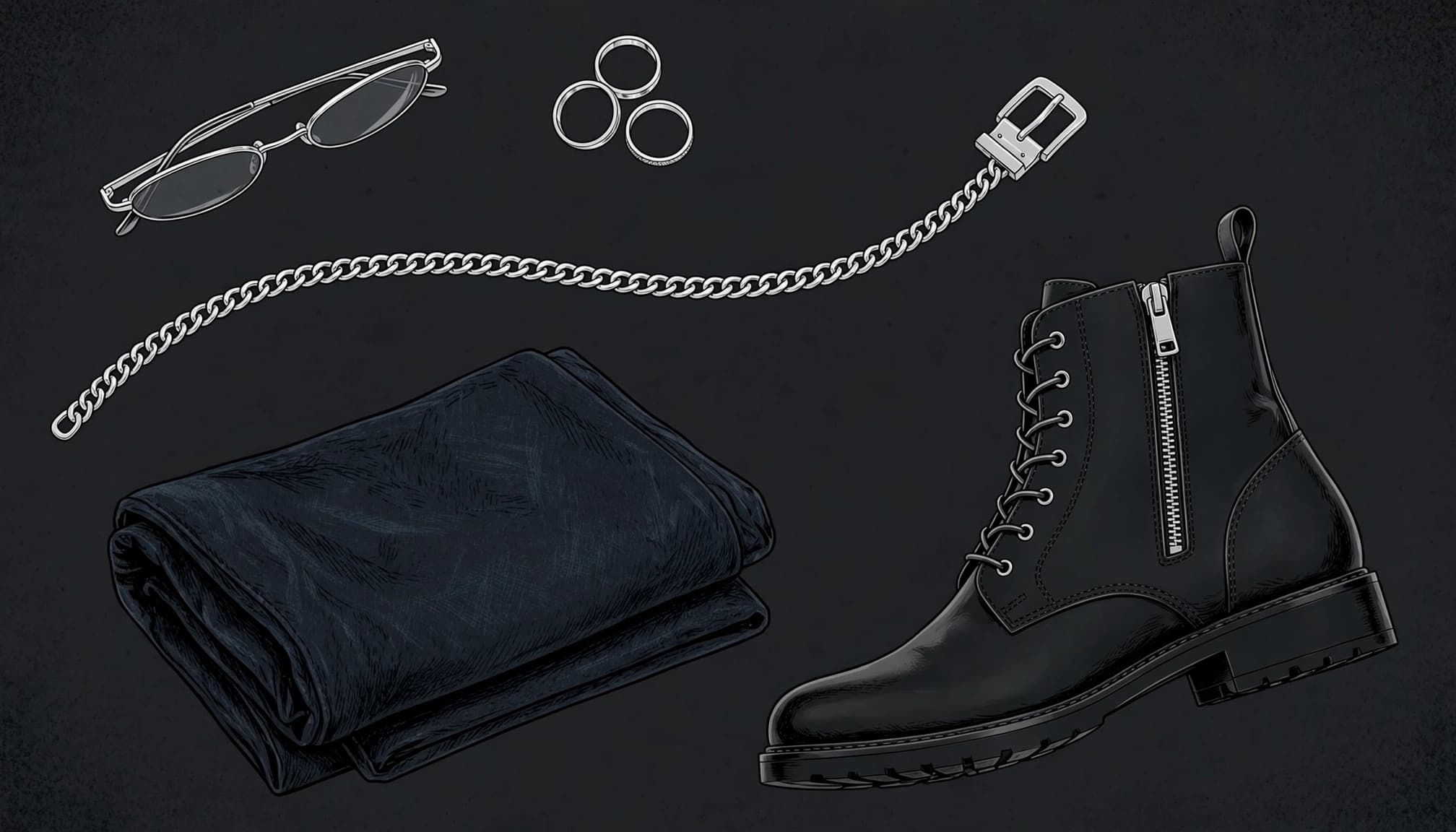 Black ankle boots, folded denim, a chain belt, sunglasses, and silver rings on a charcoal surface.