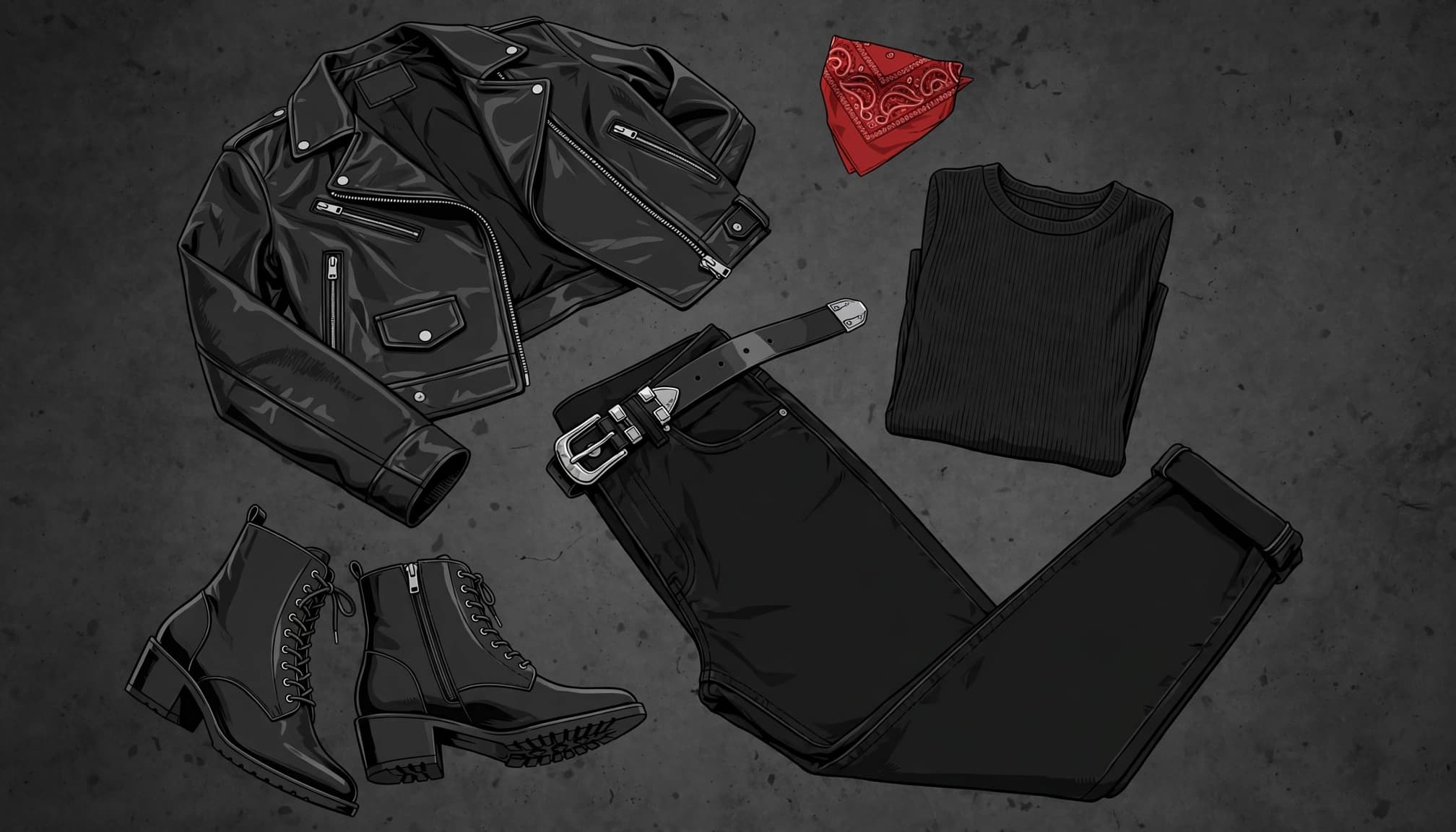 Black biker-style clothing and ankle boots arranged with silver details and a red accent.