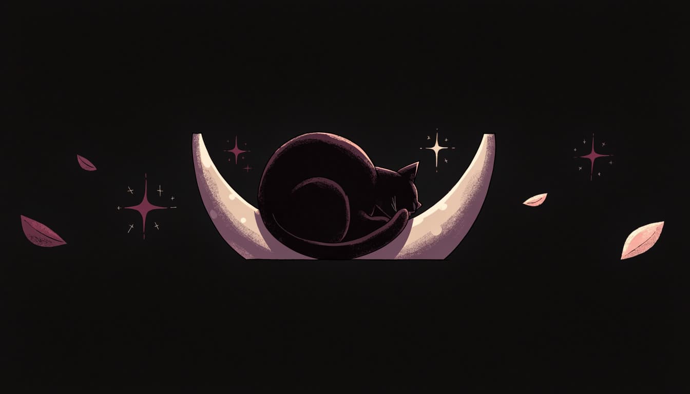 A black cat curls on a crescent moon with stars and petals.
