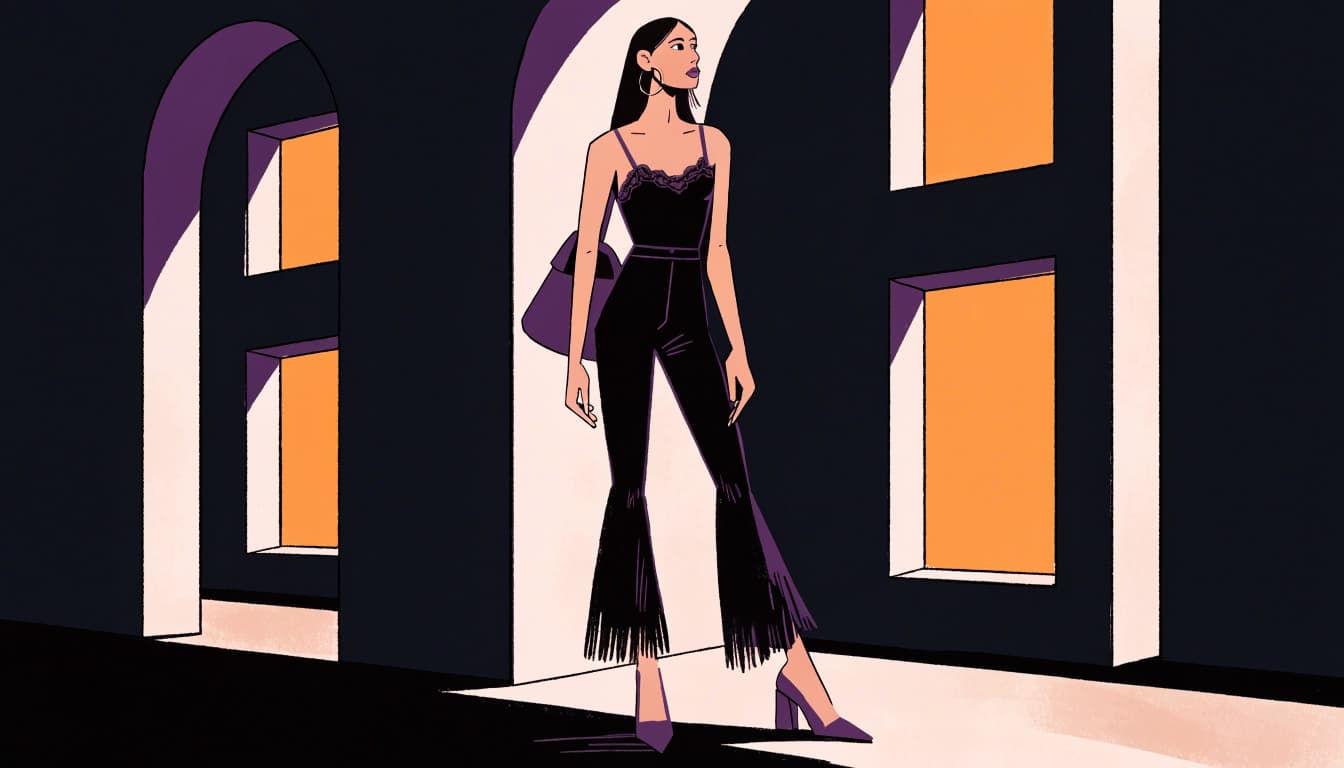 A woman in black flared pants and heels poses outside a warmly lit restaurant.