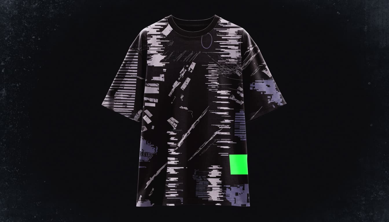 A black T-shirt with abstract glitch graphics and small green and violet accents.