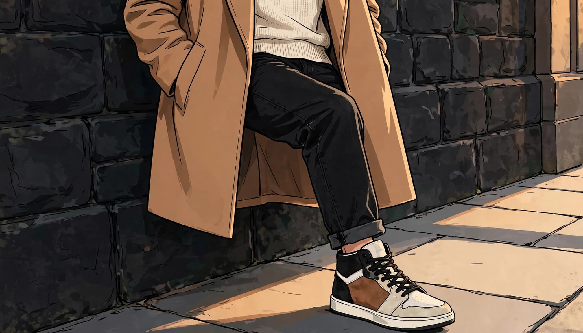A cream sweater and camel coat styled with black jeans and a color-blocked sneaker.