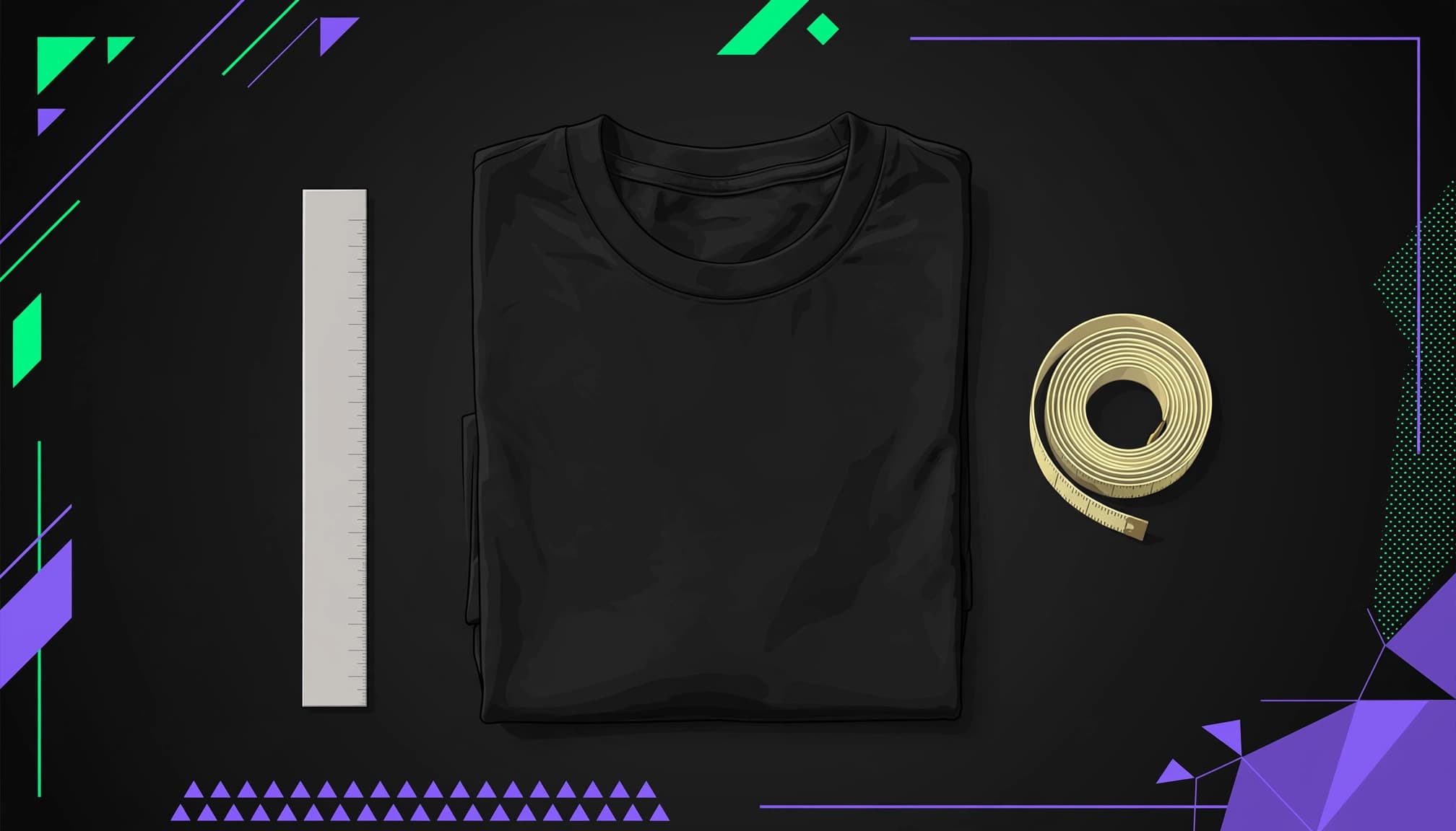 Folded black t-shirt with a measuring tape and ruler on a dark geometric surface.