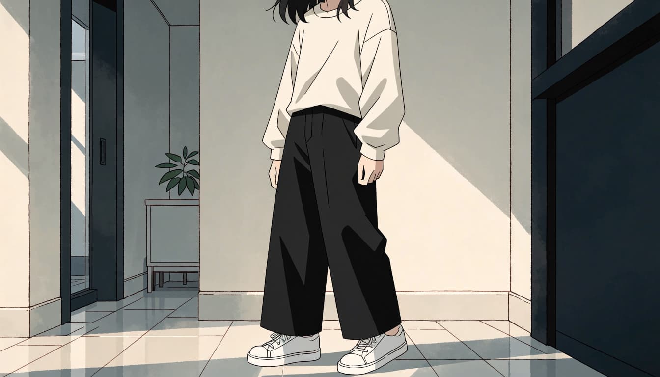 A person in black wide-leg trousers, a cream top, and white sneakers stands by an entryway bench.