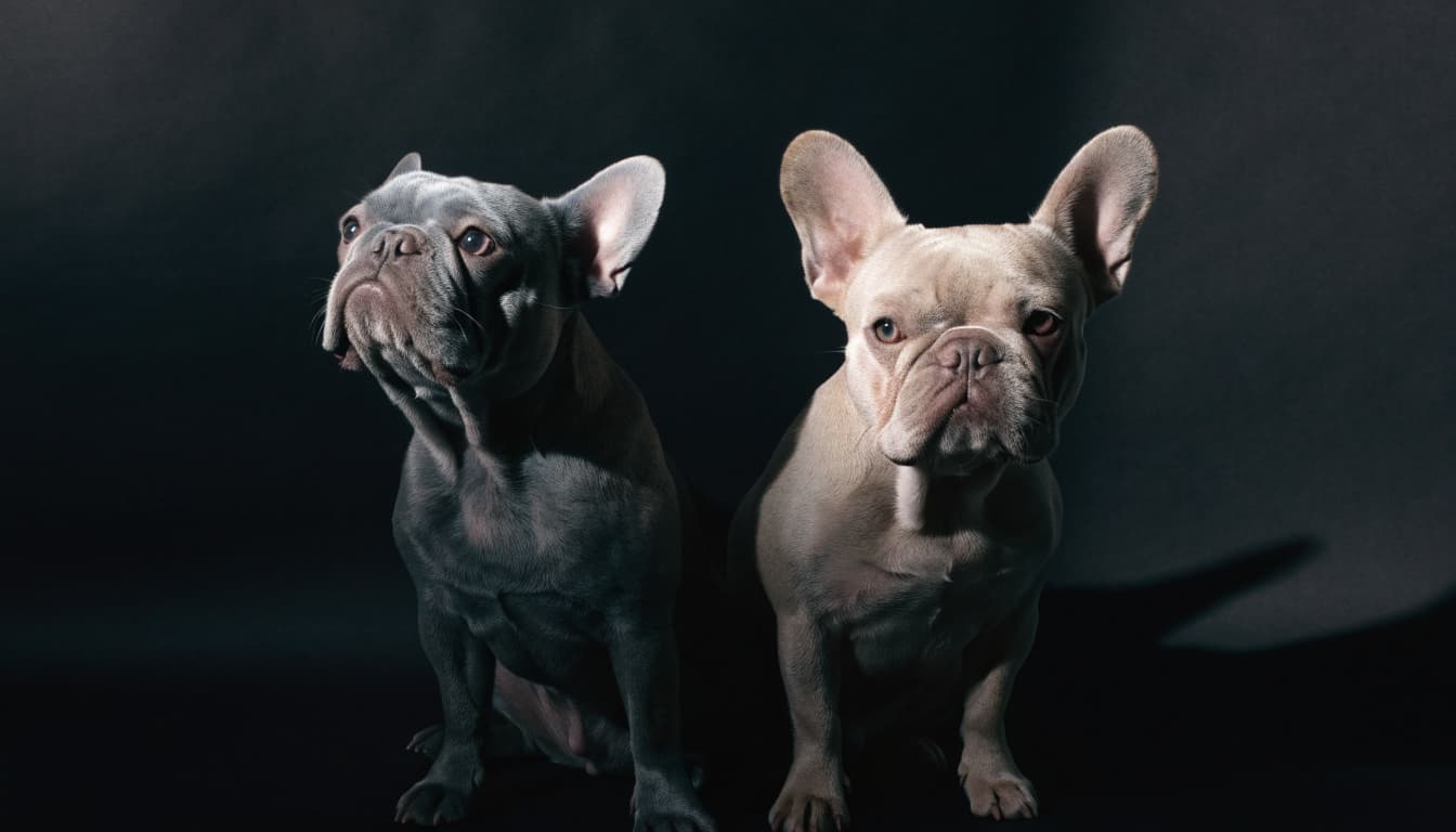A slate-gray French Bulldog sits beside a pale taupe-gray one against a dark backdrop.