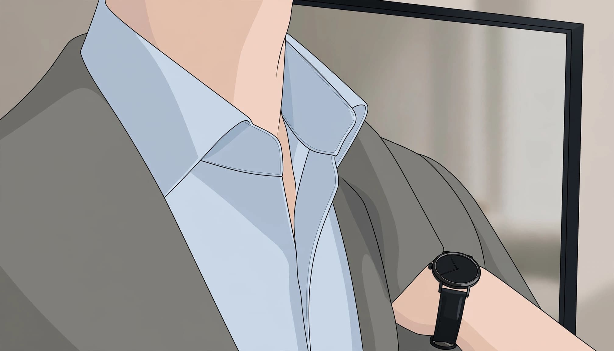 A neat blue shirt collar and simple watch against gray fabric.
