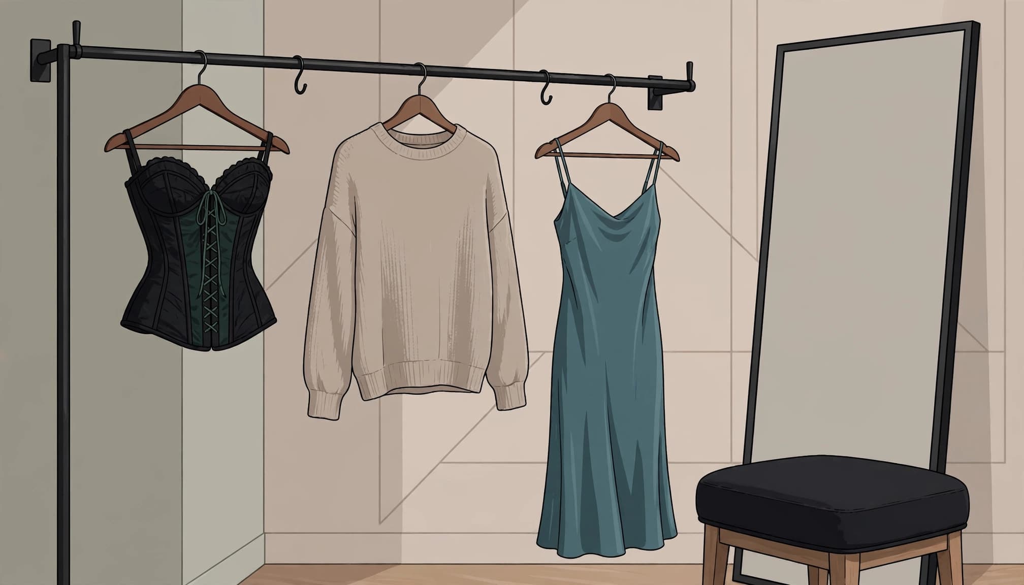 Three different outfits hang on a rail beside a mirror and cushioned stool.