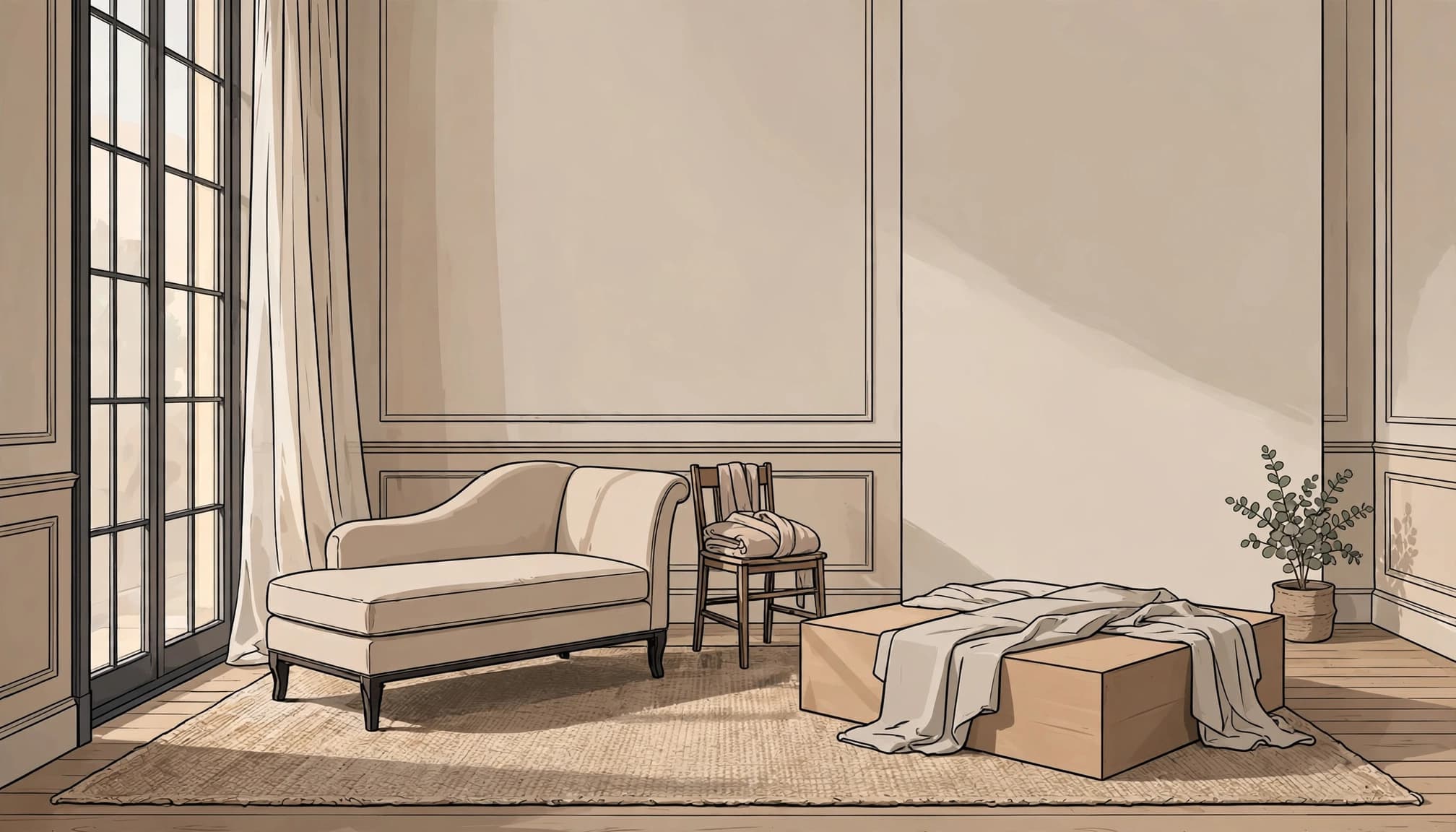An empty studio with a chaise lounge, sheer-curtained window, and folded robe on a chair.