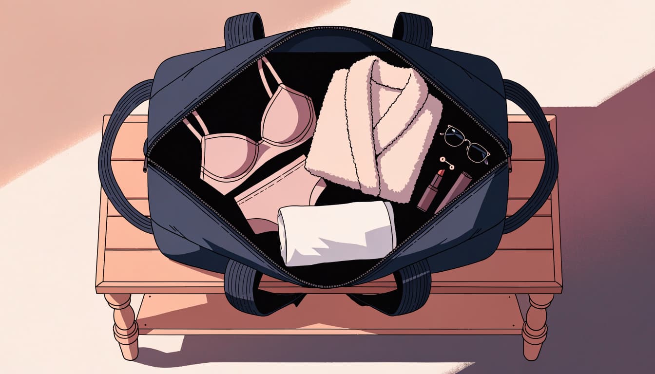 An open overnight bag holds folded lingerie, a robe, a T-shirt, and a small pouch.