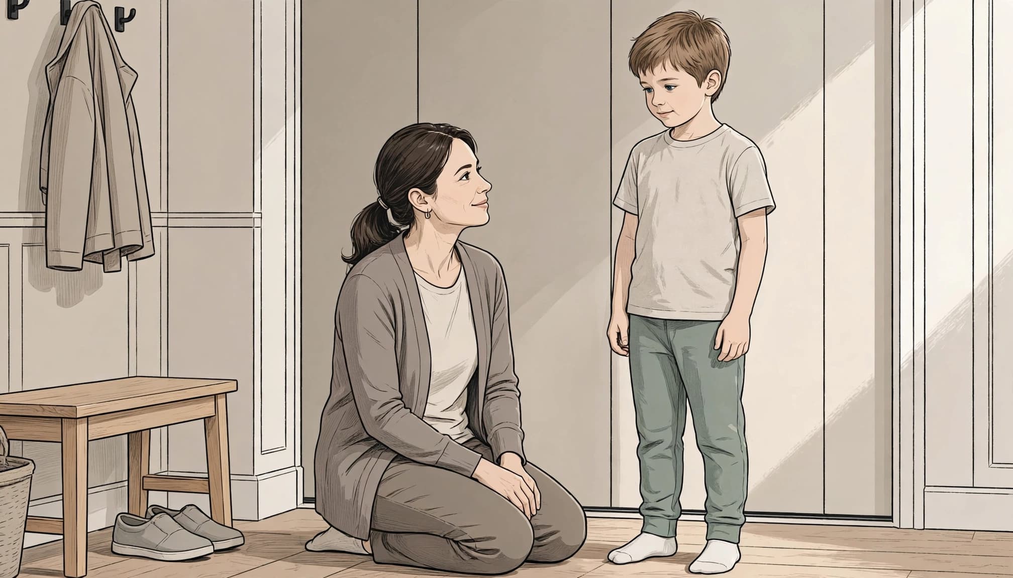 A boy models casual clothes while his mother kneels beside him in a bright entryway.