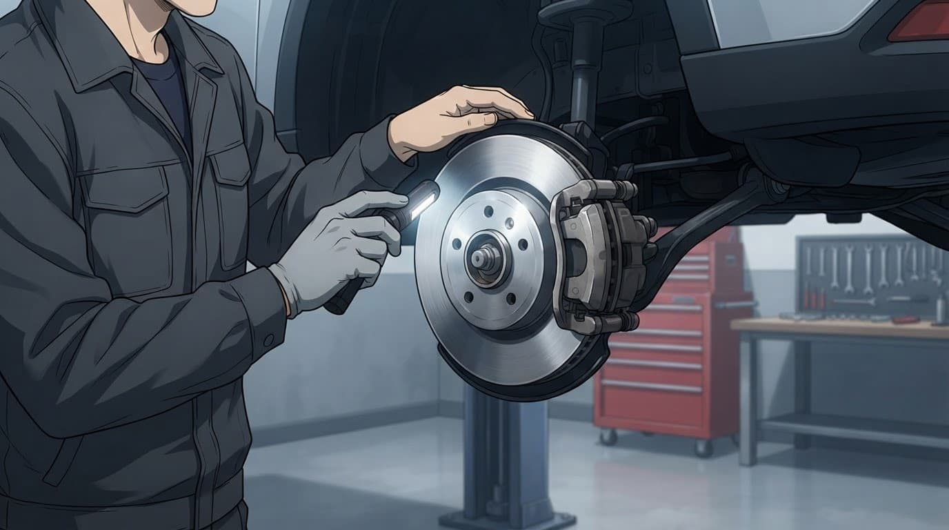 A mechanic checks a brake rotor and caliper with a small light beside a raised wheel.