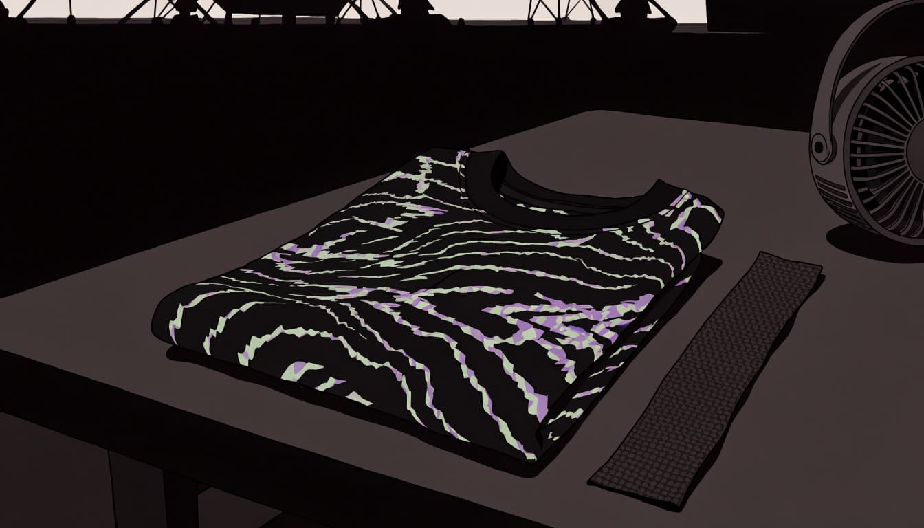 A folded black printed T-shirt beside a cotton swatch and small fan.