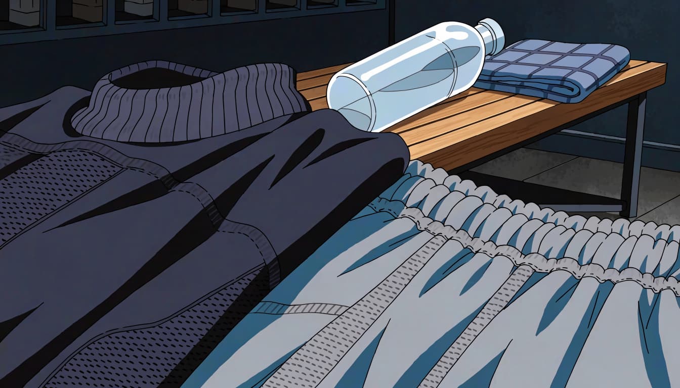 Folded workout clothes show mesh panels and stitched seams beside a bottle and towel.